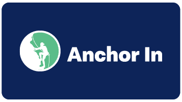 Logo of "Anchor In" featuring a silhouette of a person rappelling inside a green circle on a navy blue background, symbolizing the Ascend Intensive program.