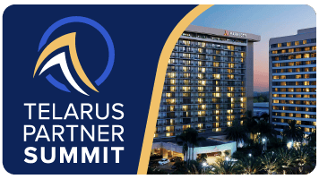 The image features the logo and text "Telarus Partner Summit 2025" on the left, with a stylized mountain design. On the right side, there is a photo of a hotel complex with multi-story buildings and palm trees, taken at dusk.