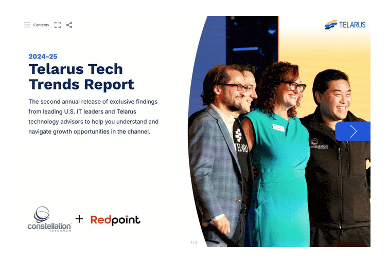 Cover of the 2024-2025 Telarus Tech Trends Report. Features an image of four smiling individuals standing together. The report includes insights from U.S. IT leaders and Telarus technology advisors to help understand growth opportunities in the channel.