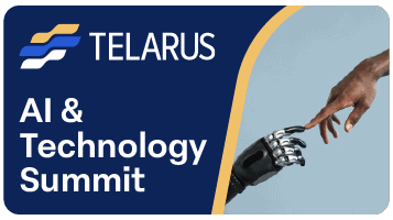 A graphic promoting the Telarus AI & Technology Summit. The image displays a human hand reaching out to touch a robotic hand against a light blue background, symbolizing the fusion of AI and human collaboration. The Telarus logo and event name are positioned on the left side within a navy blue rectangle.