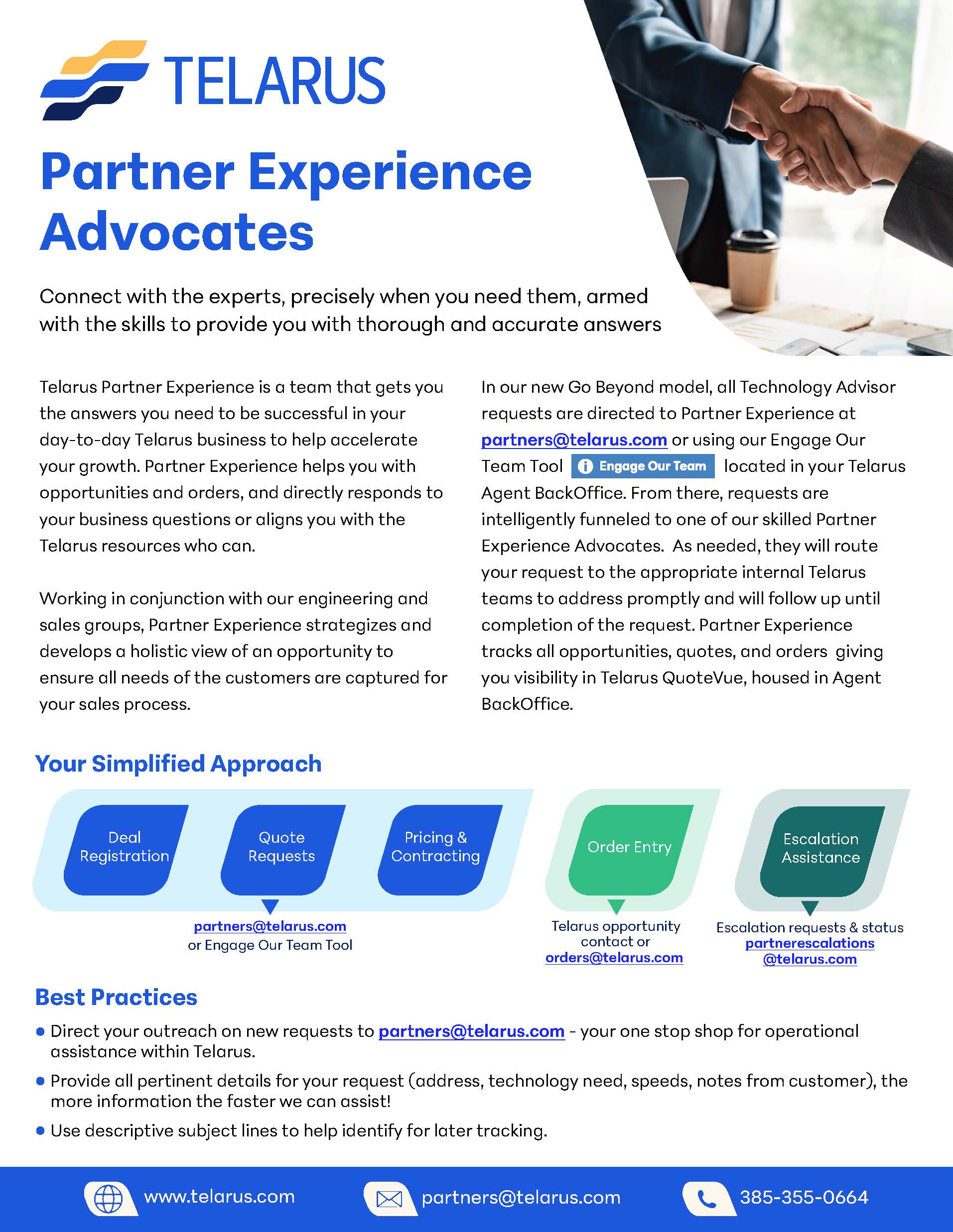 A marketing flyer for Telarus titled "Partner Experience Advocates." It invites partners to connect with Telarus and explains their Partner Experience services, including deal registration, quote requests, pricing and contracting, and order tracking. Contact info and phone number provided.