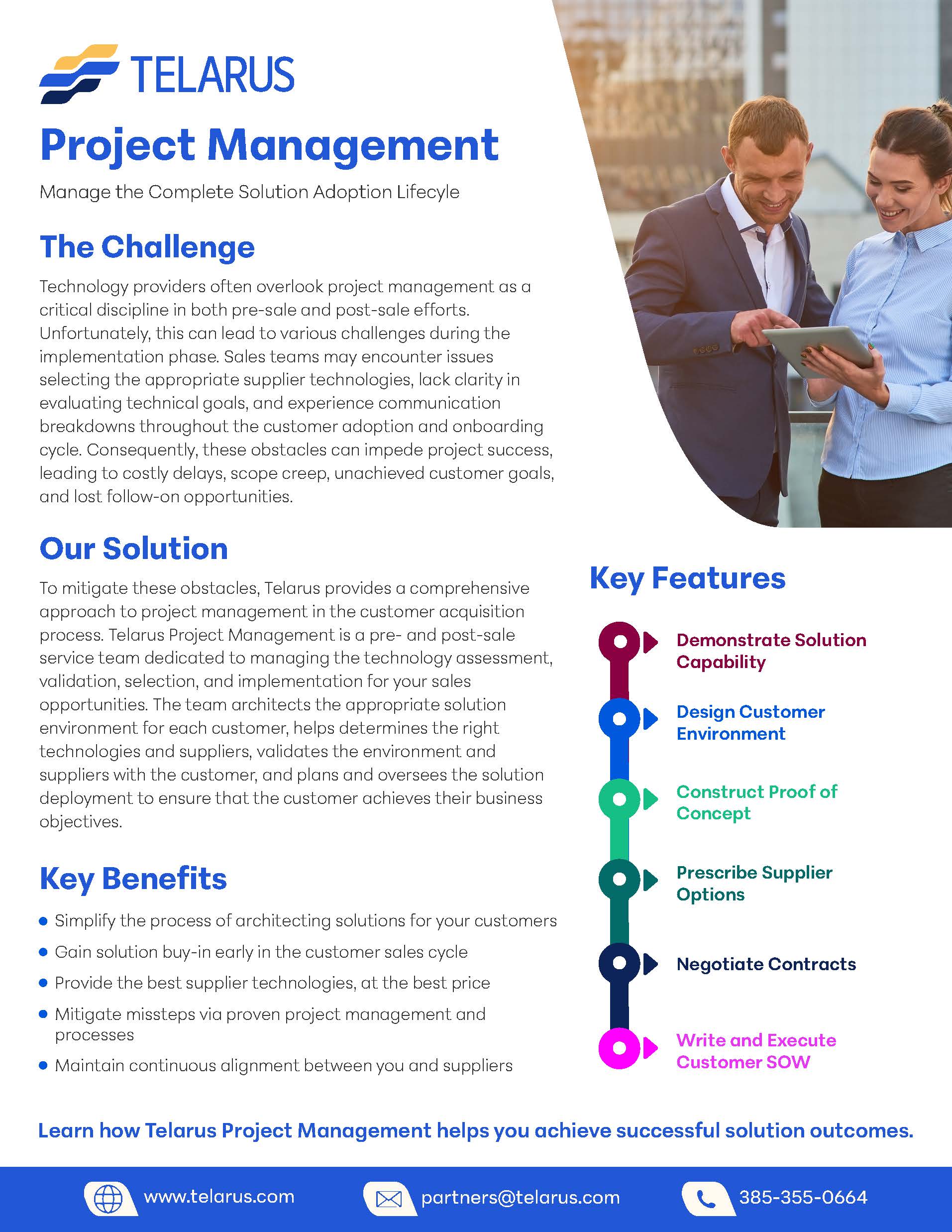 A flyer from Telarus about Project Management. It discusses the challenges faced in the implementation phase, such as technology gaps and team cohesion. Their solution involves end-to-end support, including planning, testing, and escalation processes. Key features are outlined in bullet points. Contact info at the bottom.