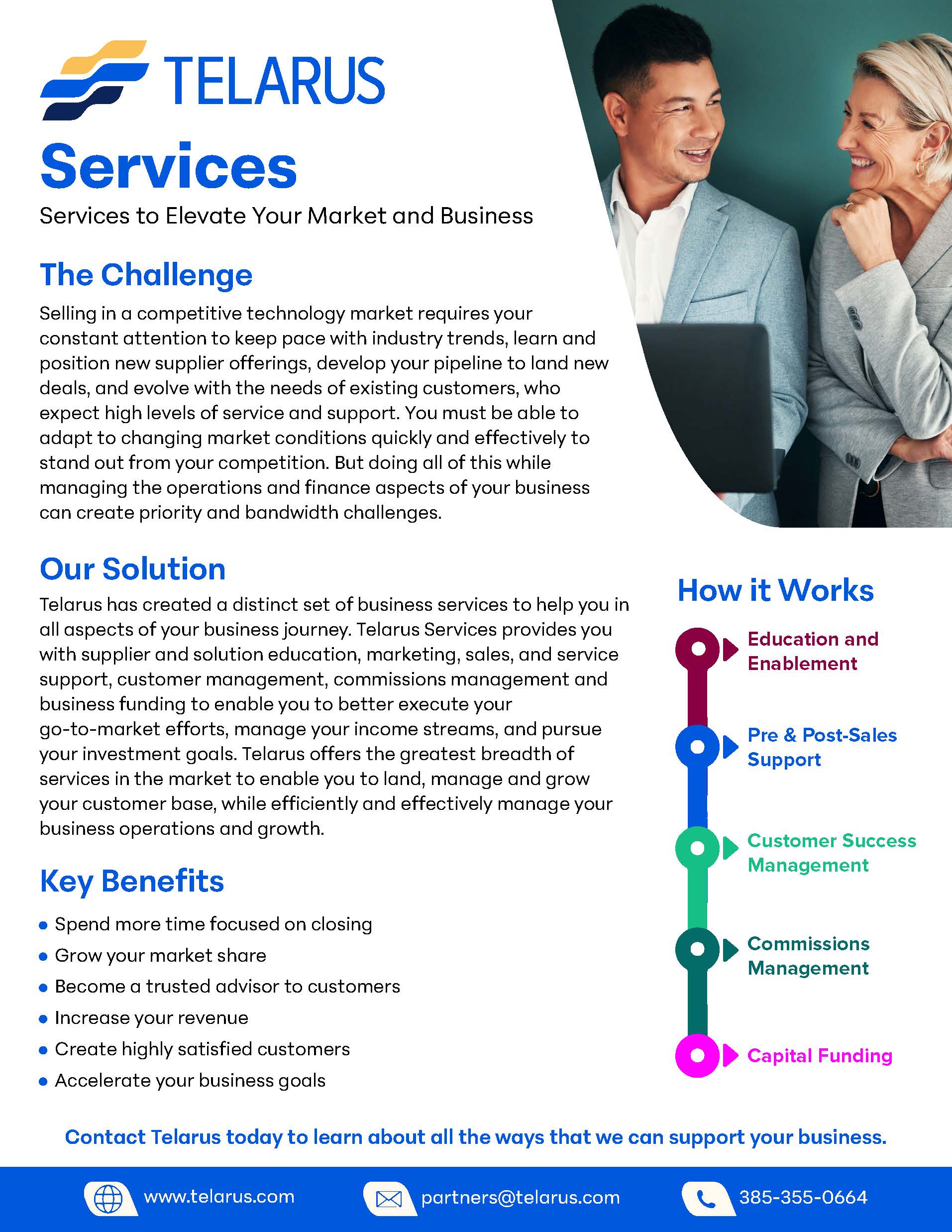 A flyer from Telarus promoting its business services, featuring sections titled "The Challenge," "Our Solution," and "How it Works." The flyer includes a list of services, contact information, and a phone number at the bottom right. The background is primarily white with blue and yellow accents. Additionally, it highlights the role of Sales Engineering in delivering tailored solutions.