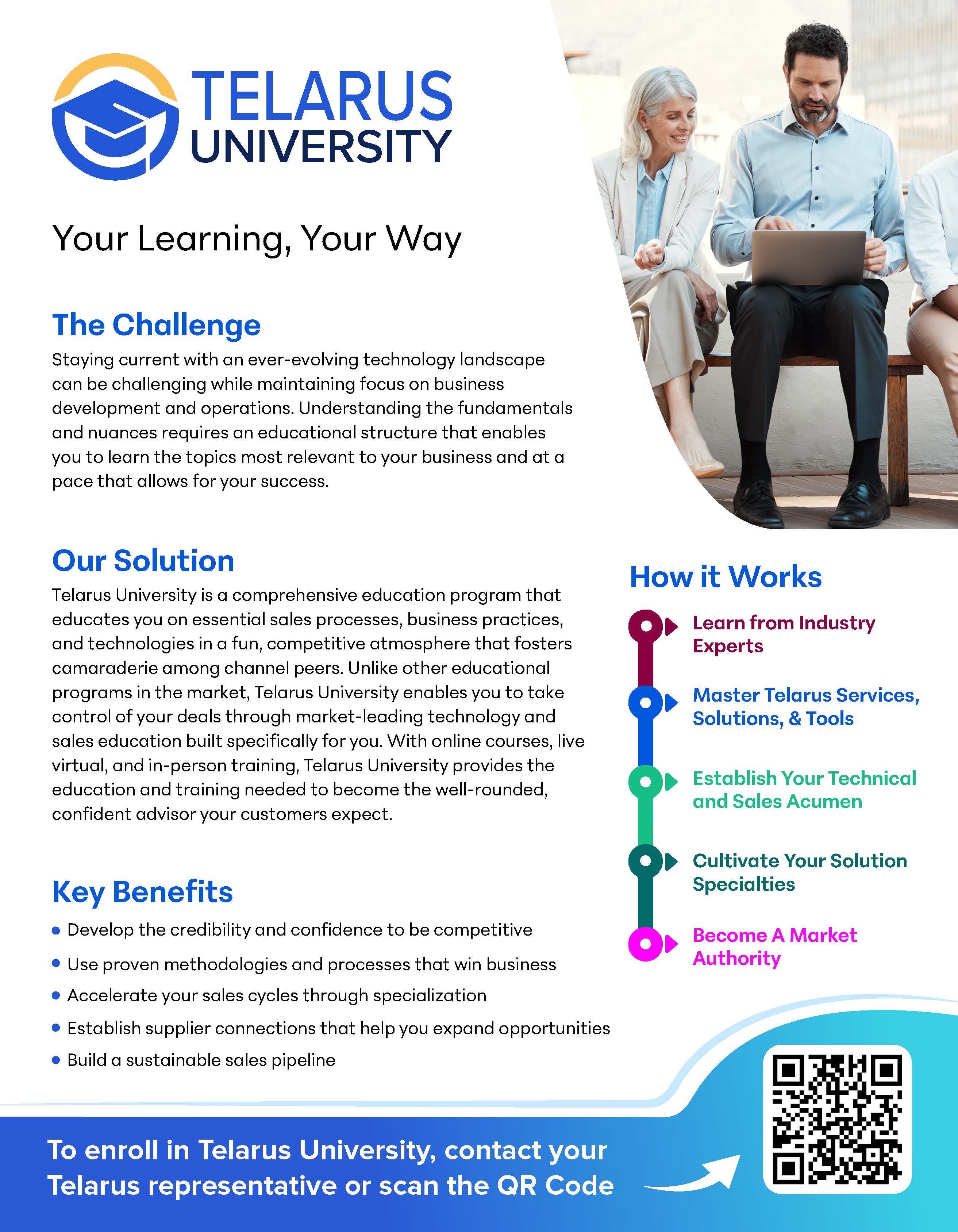 A flyer for Telarus University detailing their educational program, featuring sections titled "The Challenge," "Our Solution," and "How it Works." Icons and checklists highlight curriculum benefits and steps to enroll using a QR code. The clean, professional design underscores the robust support provided by Telarus.