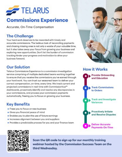 A Telarus flyer titled "Commissions Experience" tackles the complexities of managing commissions, offering a streamlined solution for enhanced accuracy and communication. Highlighting key benefits and operation details, it features a QR code for more in-depth training.