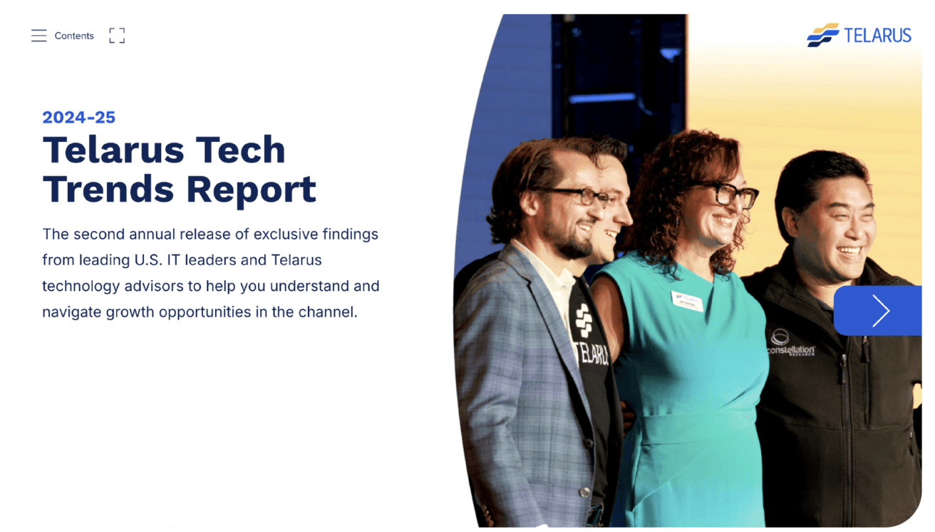 A group of four people, including a woman and three men, are smiling and posing together on stage. Text beside them reads "2024-25 Telarus Tech Trends Report," highlighting innovation and growth opportunities in technology through strategic partnerships.