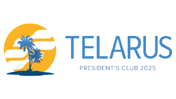 Logo for the 2025 Telarus President's Club, featuring two palm trees silhouetted against an orange circle with white waves. The word "TELARUS" is elegantly written in blue beside the image.